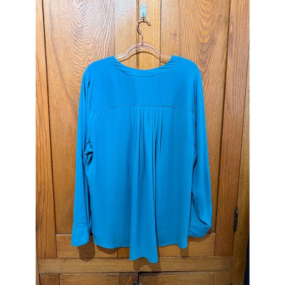 Lane Bryant Teal Henley Blouse 22/24 Long Sleeve Contrast Stitch Silky Top - Picture 5 of 7